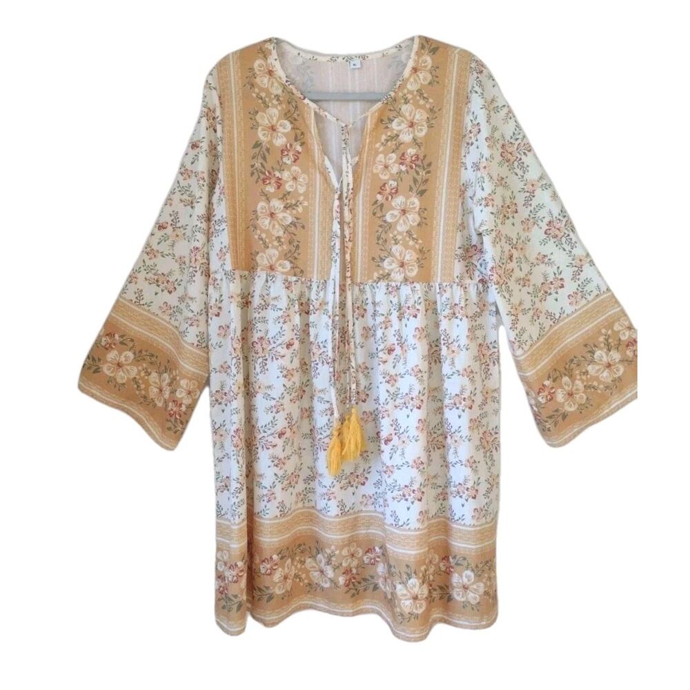 Boho Floral Peasant Tunic top/Dress XL Cream/Gold Cottagecore Festival Prairie